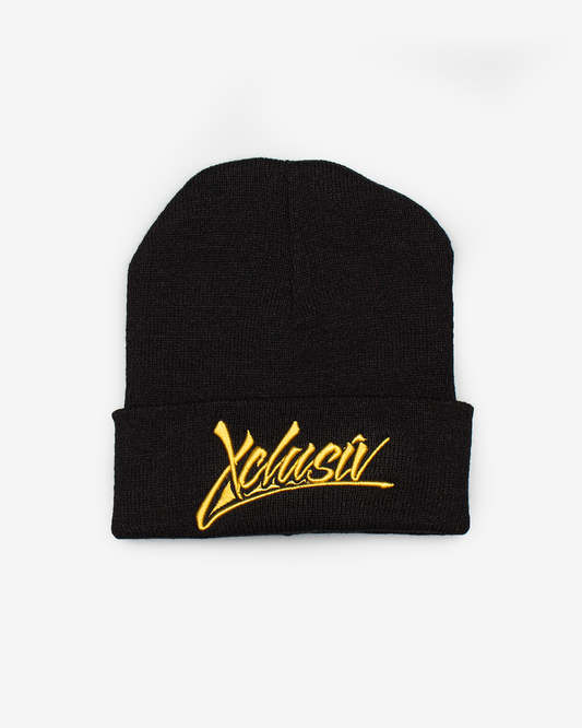 XCLUSIV BLACK AND YELLOW SIGNATURE LOGO BEANIE - Xclusiv Clothing Company